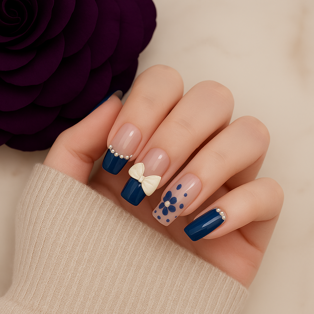 Elegant Blue Floral Press-On Nails with Pearl Accents