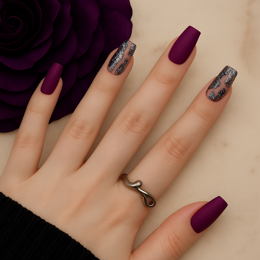 Glitter Accent Press-On Nail Set - Burgundy & Silver