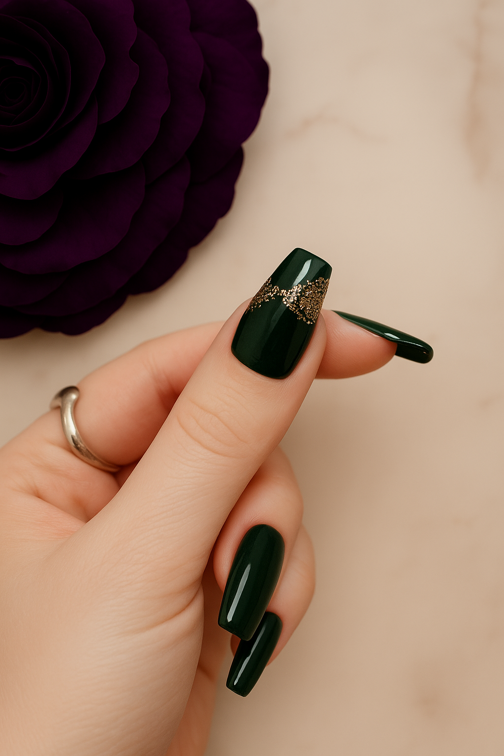 Emerald Green Press-On Nails with Gold Accent