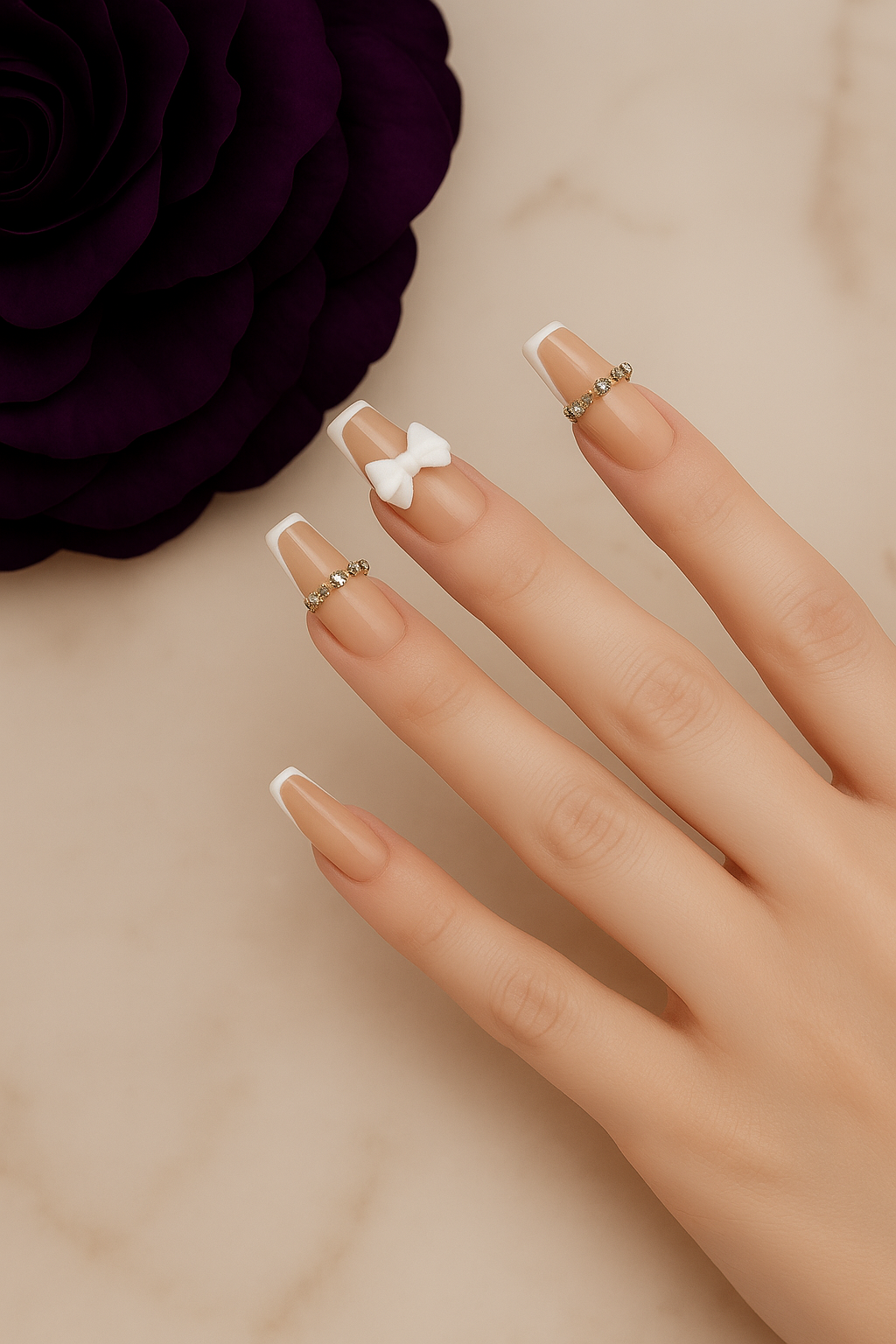 Elegant Almond Press-On Nails with Rhinestones and Bow Accent
