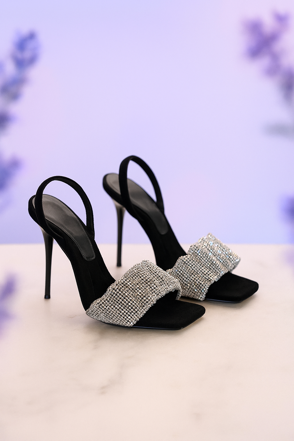 Luxury Black Stiletto Heels with Crystal Ruffle Detailing