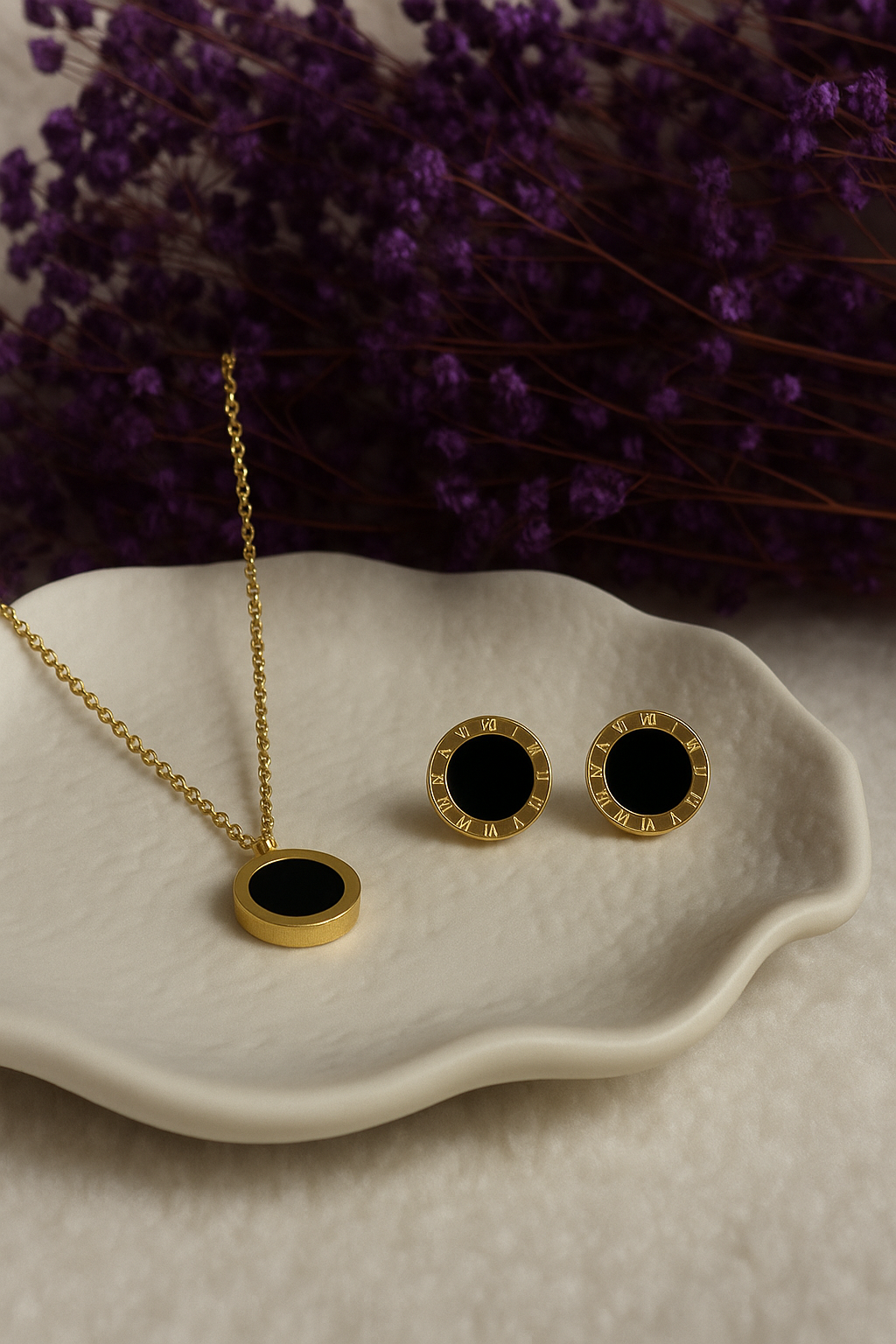 Gold Black Onyx Necklace and Earrings Set - Luxury Jewelry