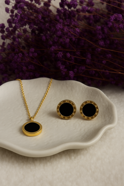 Gold Black Onyx Necklace and Earrings Set - Luxury Jewelry