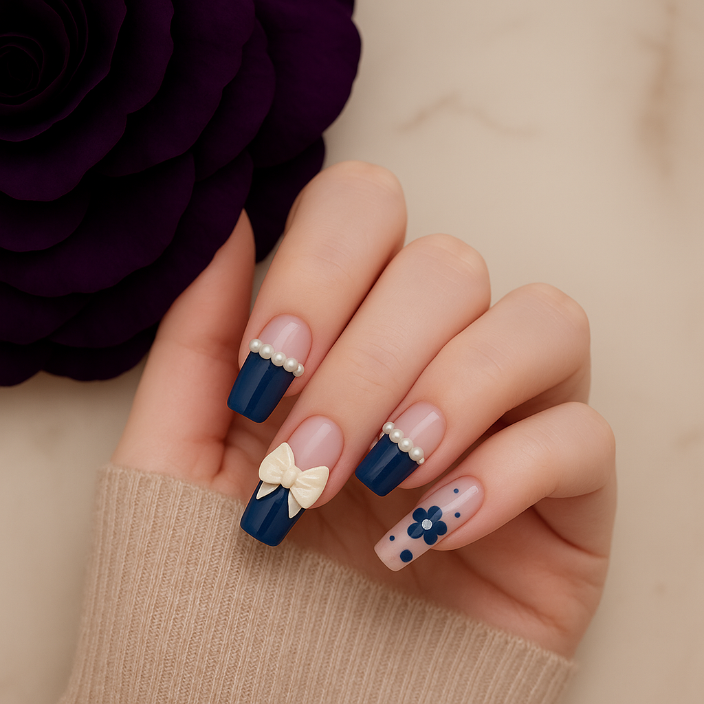 Elegant Blue Floral Press-On Nails with Pearl Accents