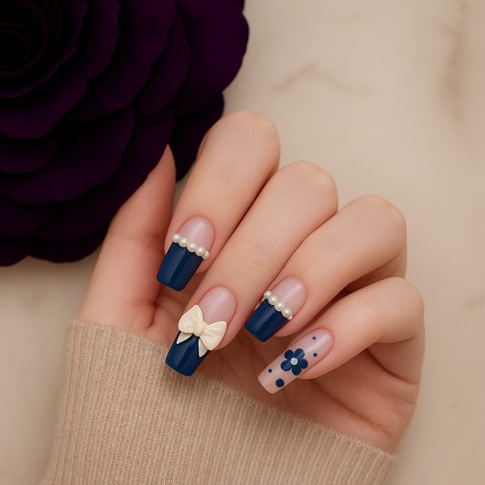 Elegant Blue Floral Press-On Nails with Pearl Accents