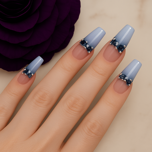 Blue Ombre Press-On Nails with Rhinestone Accents