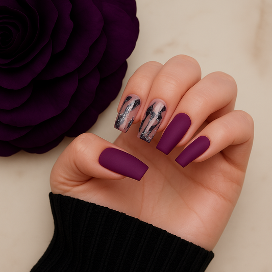 Glitter Accent Press-On Nail Set - Burgundy & Silver