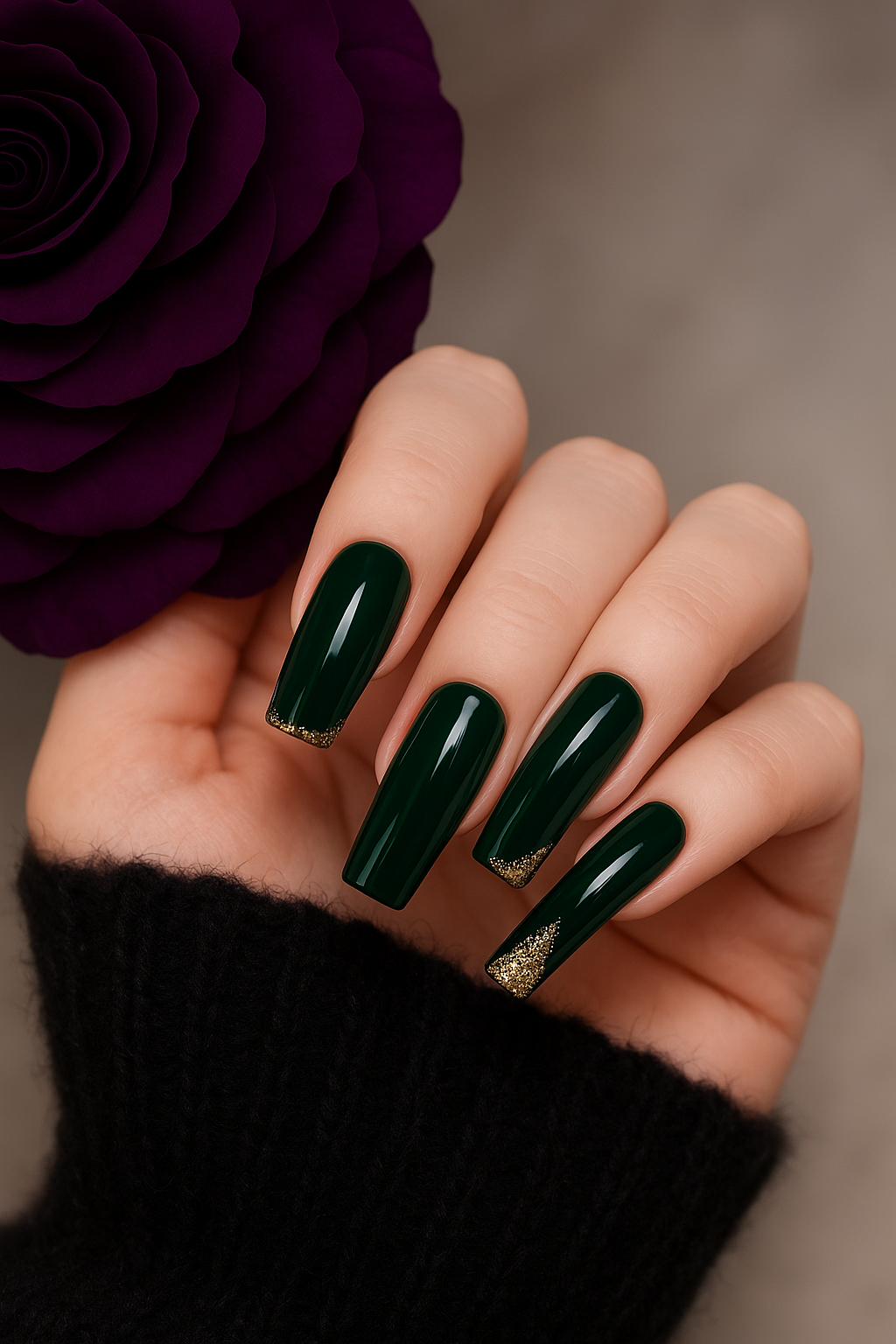 Emerald Green Press-On Nails with Gold Accent