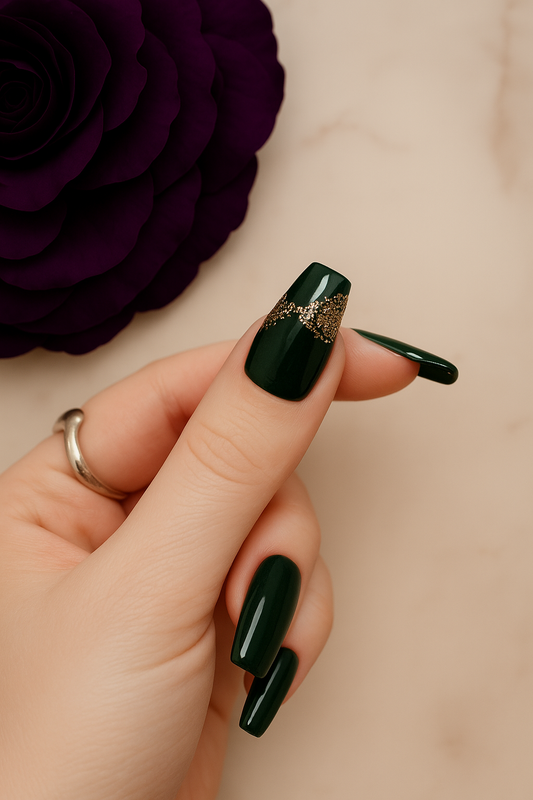 Emerald Green Press-On Nails with Gold Accent