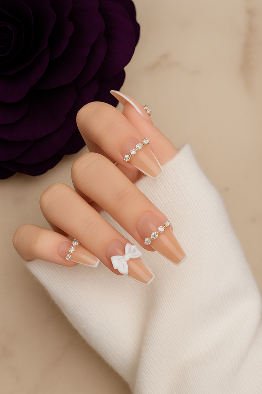 Elegant Almond Press-On Nails with Rhinestones and Bow Accent