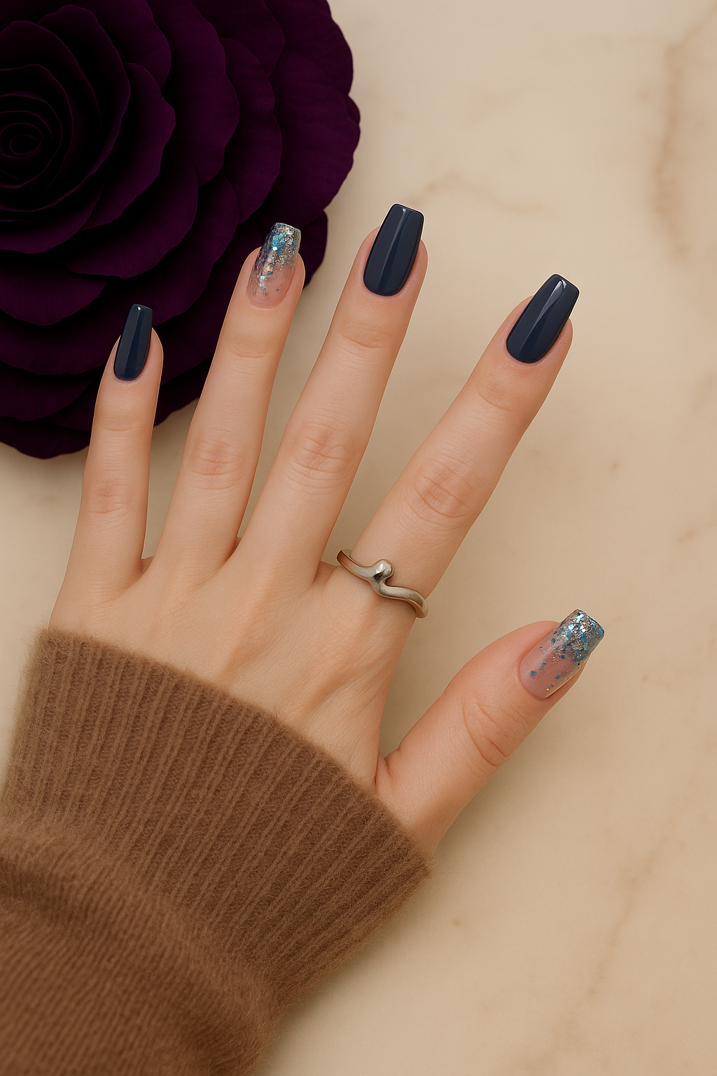 Elegant Dark Blue Press-On Nails with Glitter Accents