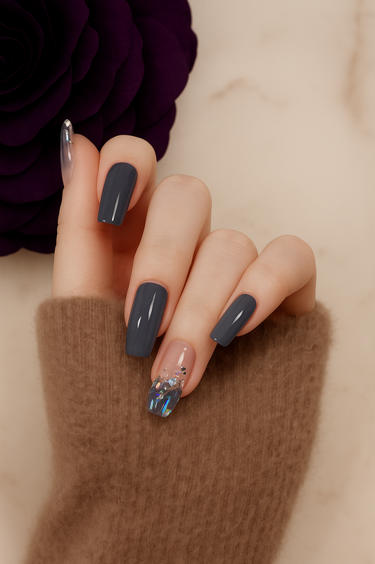 Elegant Dark Blue Press-On Nails with Glitter Accents
