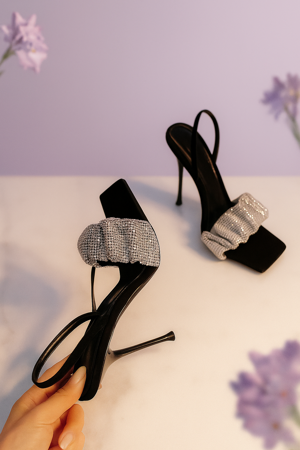 Luxury Black Stiletto Heels with Crystal Ruffle Detailing