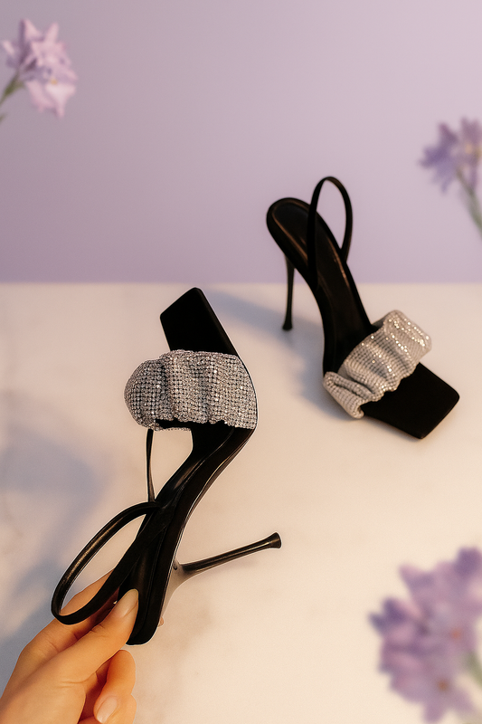 Luxury Black Stiletto Heels with Crystal Ruffle Detailing