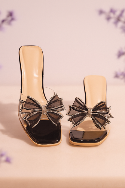 Elegant Black Velvet Mules with Rhinestone Star Embellishment
