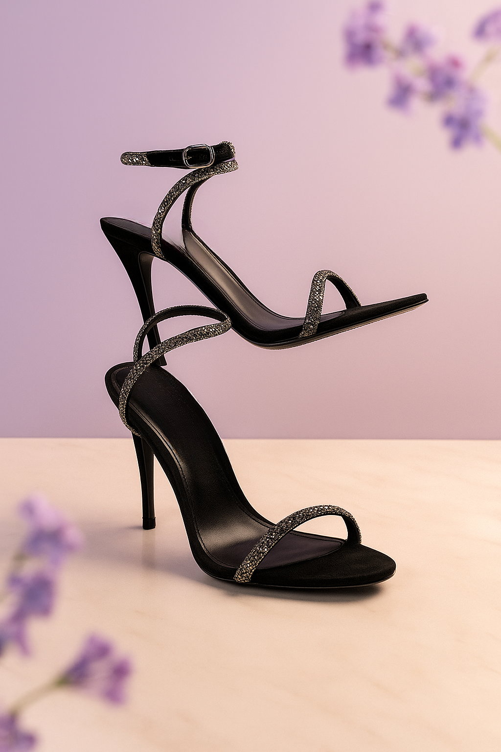 "Elegant Black High Heel Sandal with Glittering Straps - Perfect for Formal Events"