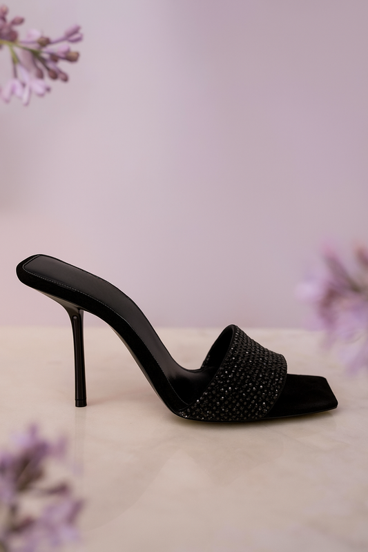 Black Rhinestone High Heel Sandals - Stiletto Heels for Women