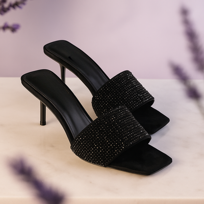 Black Rhinestone High Heel Sandals - Stiletto Heels for Women