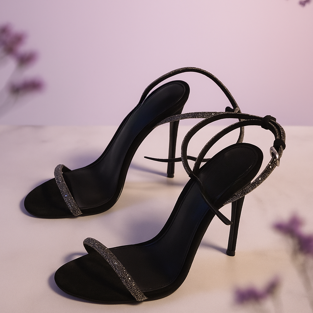 "Elegant Black High Heel Sandal with Glittering Straps - Perfect for Formal Events"