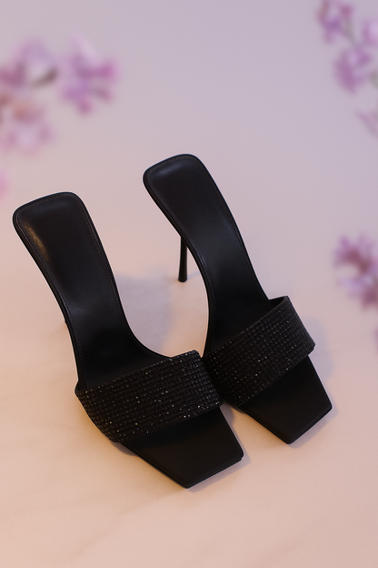 Black Rhinestone High Heel Sandals - Stiletto Heels for Women